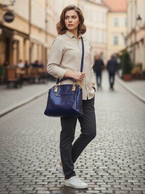Navy Blue Leather Satchel Bag – Gold Hardware, Top Handle & Crossbody
